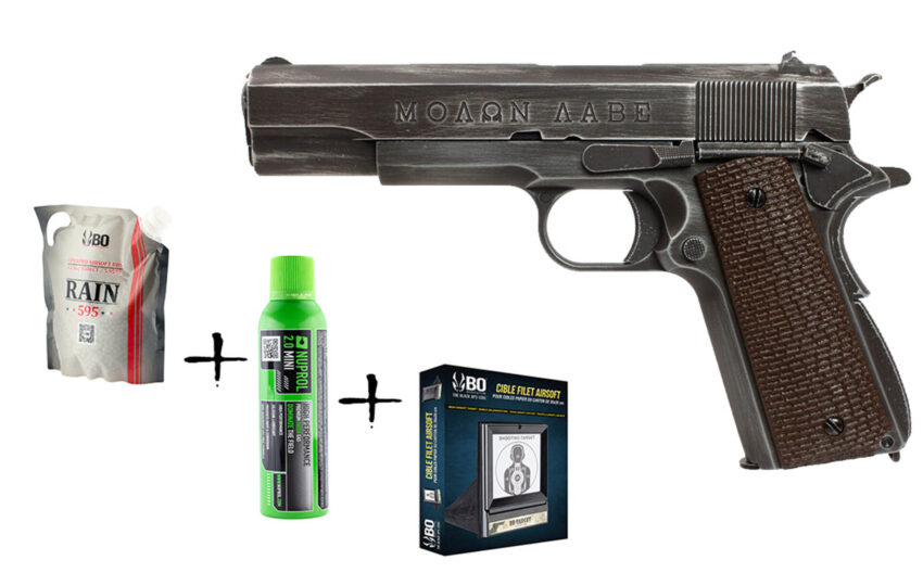 Pack de Noel réplique GBB AWC 1911 Molon Labe 1J + billes + cible + gaz